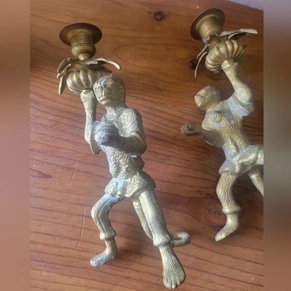 Vintage Solid Brass monkey Candlestick Holders Pair